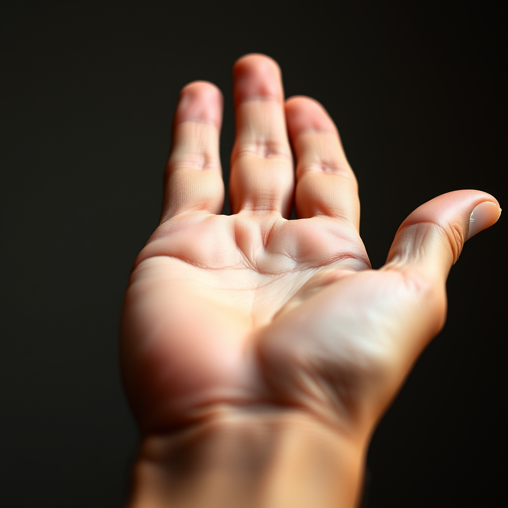 Create a highly detailed and realistic image of an open human hand with soft lighting, using a DSLR camera with a 50mm lens, aperture f/1.8, ISO 100, and a shallow depth of field to focus on texture and warmth.