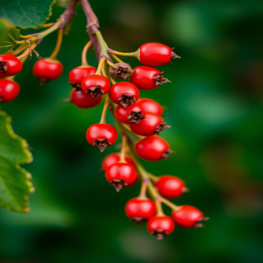 Capture a close-up of vibrant red berries on a plant with a blurred green background, using a DSLR camera at f/2.8, ISO 100, 1/250s, with a macro lens to enhance image clarity and vivid colors.