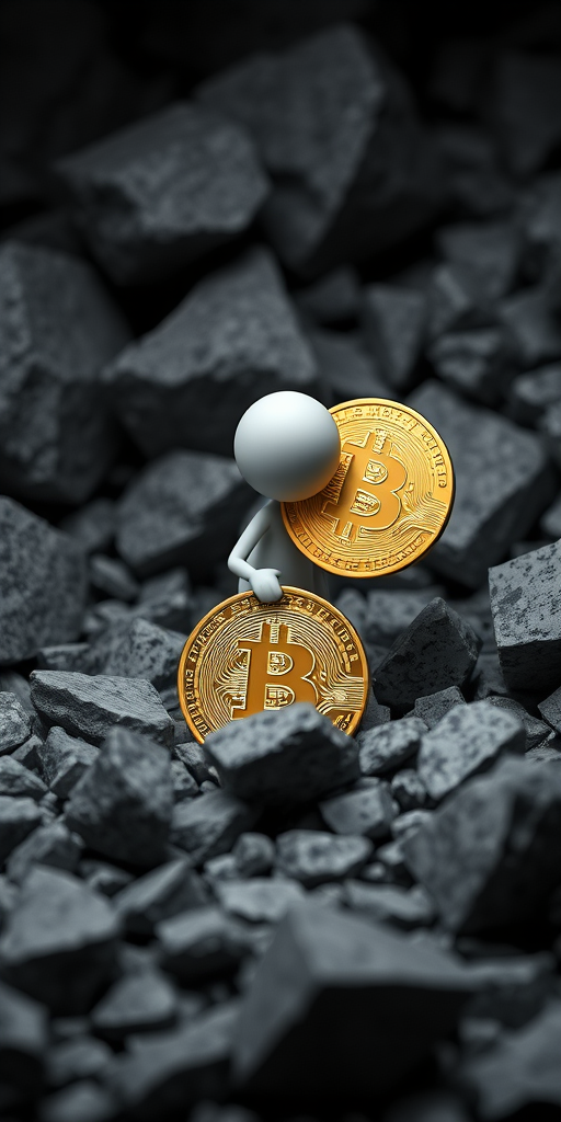 3D render of a stick figure mining for a Bitcoin in gray rocks, front view, soft focus, ISO 200, f/8, shutter speed 1/200 sec, studio lighting, high dynamic range.