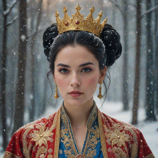 A young woman with long black hair styled in a high bun, adorned with a gold crown and intricate hair ornaments, stares intently at the viewer. She wears a vibrant red and gold embroidered robe with blue accents, a gold belt with a large ornate buckle, and a blue and gold shoulder piece. The woman is positioned in the center of the frame, with the background blurred and filled with falling snow. The image has a soft, ethereal feel with a focus on the woman's face and attire, creating a portrait-like composition. The colors are rich and saturated, with the red, gold, and blue of the clothing standing out against the muted blue and white of the snowy backdrop. The lighting is soft and diffused, casting a warm glow on the woman's face.  The overall mood is elegant and mysterious.  The details of the woman's attire, especially the intricate embroidery and embellishments, add a sense of opulence and grandeur.  The falling snow further enhances the sense of winter magic and wonder.