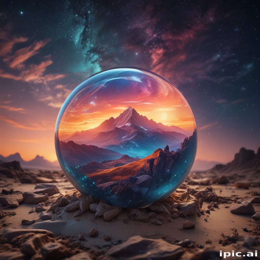 Enchanted Crystal Sphere Reflecting a Majestic Mountain Landscape at Dusk