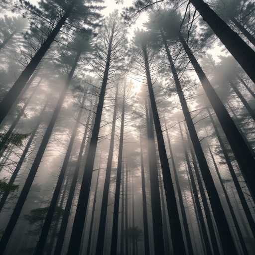 Create a high-resolution image of a dense forest with tall trees surrounded by swirling clouds of mist, using a DSLR camera with a focal length of 50mm, aperture set to f/2.8, and a shutter speed of 1/200s, taken from a low angle to emphasize the height of the trees, in a vibrant, cinematic style.