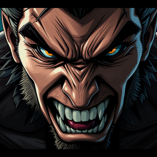 Create a highly detailed and dynamic illustration of a fierce character face with sharp features and intense expressions, captured with a DSLR camera at f/1.8 aperture, ISO 200, 50mm lens, in a close-up view with dramatic lighting and high contrast.