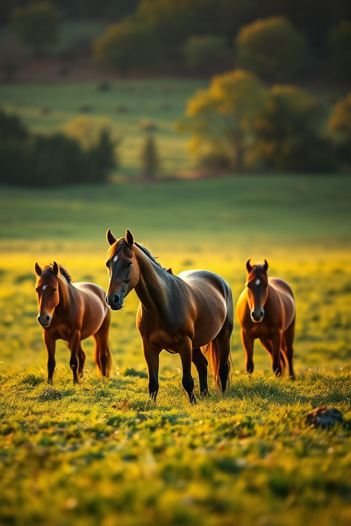 horses grazing in a lush green field during golden hour, Canon EOS R5, 85mm f/1.2 lens, ISO 100, aperture f/2.8, shutter speed 1/200s, soft focus background for depth, natural lighting