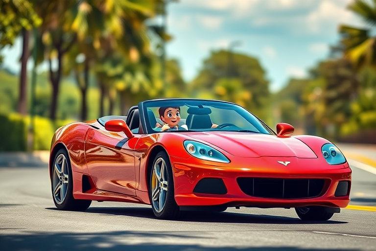 Generate a high-quality image of a sports car convertible with a cartoon character as the driver, captured from a low angle view with a 50mm lens at f/1.8, ISO 100, in bright daylight to enhance colors and details.
