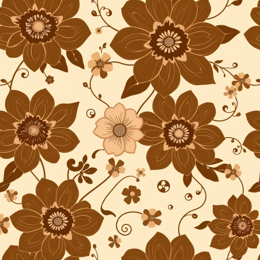Create a seamless floral pattern featuring large brown and beige flowers with intricate designs, accompanied by smaller flowers and gentle vines on a light beige background.
