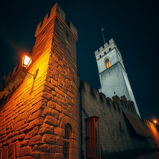 Capture an atmospheric nighttime scene of a medieval stone wall and tower with a warm glowing lantern, using a Canon EOS R5, 24mm lens, f/8 aperture, ISO 100, 1/60s shutter speed, low angle view, with HDR processing to enhance detail and contrast.