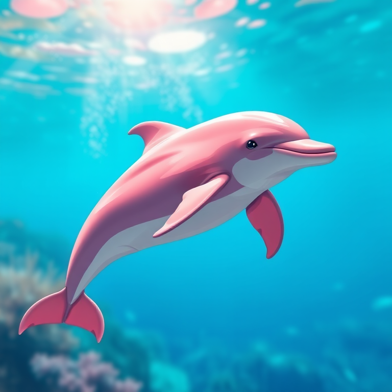 Create a highly detailed illustration of a pink dolphin swimming gracefully in a vibrant underwater scene, using a Canon EOS R5 with an aperture of f/8, ISO 100, and a shutter speed of 1/250 seconds, captured from a side view with a vibrant color palette and sharp focus.