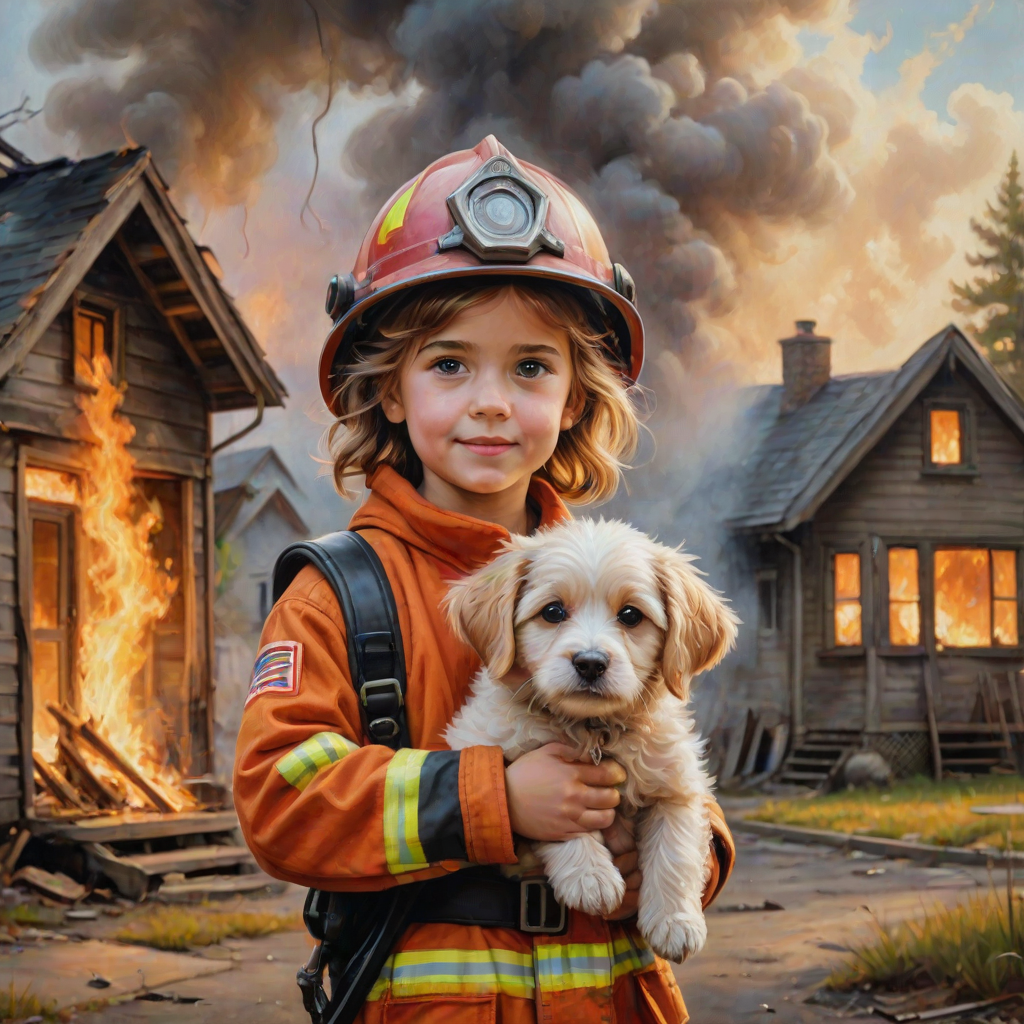 airbrushed oil painting, pixar style, cute little girl in fireman gear, helmet, tousled hair, expressive eyes, standing in the doorstep of a cottage burning behind him, holding a cute little dog in her arm, atumn sky