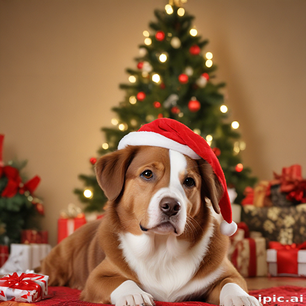 Adorable Dog in Santa Hat Surrounded by Christmas Gifts and Tree