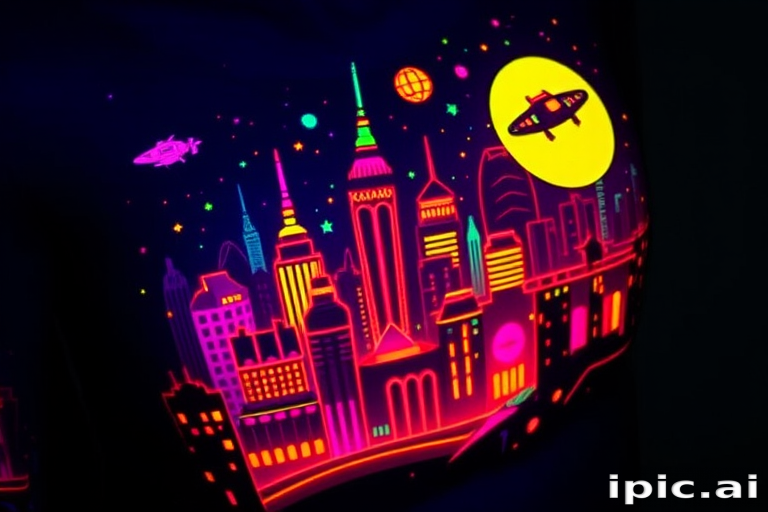 Neon glow tattoo named "Electric Dreams" showcasing vibrant, luminescent colors that appear to pulse and radiate under UV light, depicting a futuristic cityscape with glowing skyscrapers and flying vehicles, perfect for night owls and party-goers who want their tattoos to come alive in dimly lit environments.