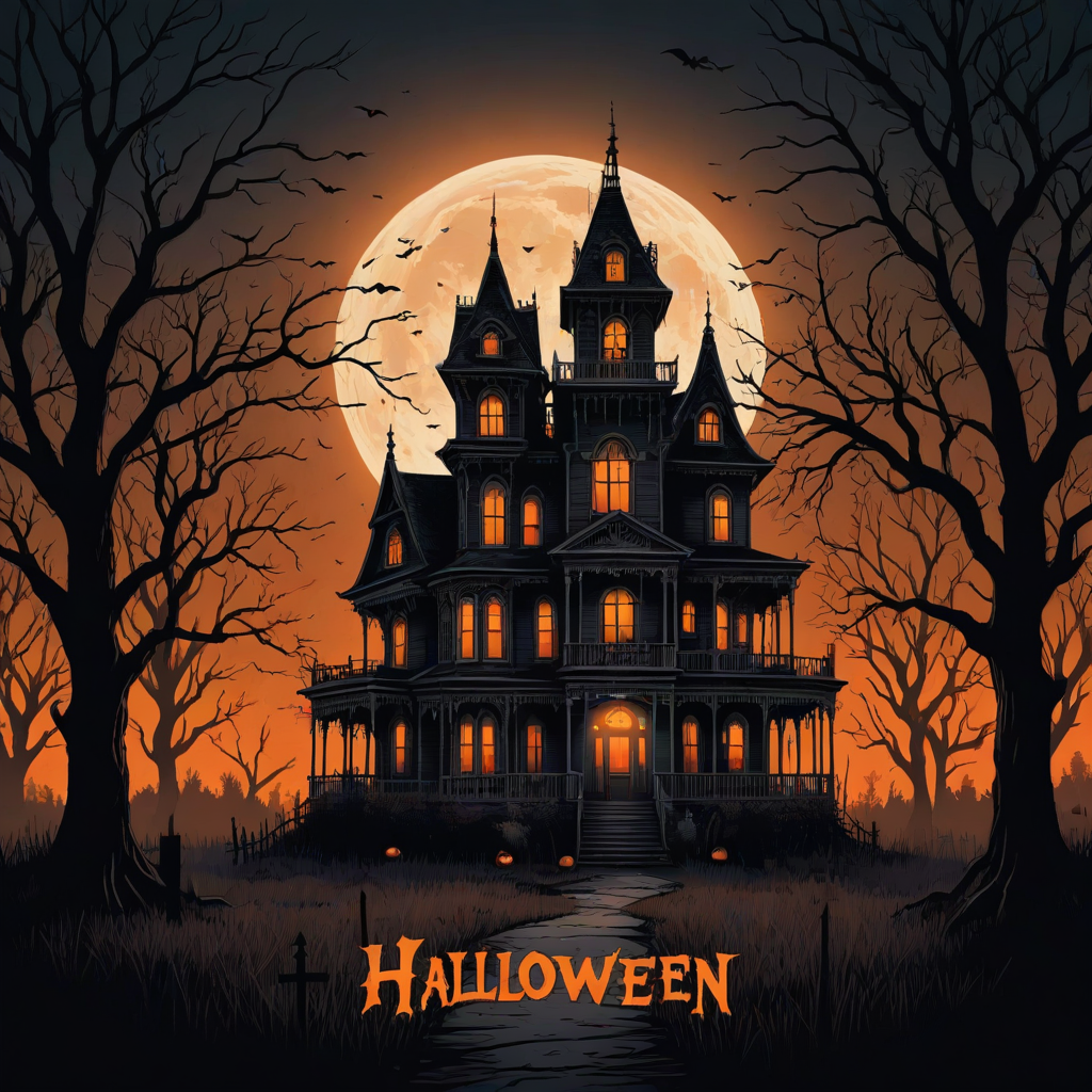 Create an illustration of a dark, Victorian-style haunted house set against a full moon. The house should be intricate, surrounded by twisted, barren trees, and evoke a spooky Halloween atmosphere. Above the house, include the word "Halloween" in a bold, orange gradient font. Use a ghostly, eerie style to bring the scene to life.