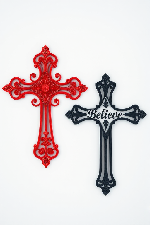 Create an artistic representation of two ornate crosses, one in red and one in black, featuring the word "Believe" in elegant cursive, high resolution, 50mm lens, f/1.8 aperture, ISO 100, soft natural lighting, top-down view, DSLR camera style.