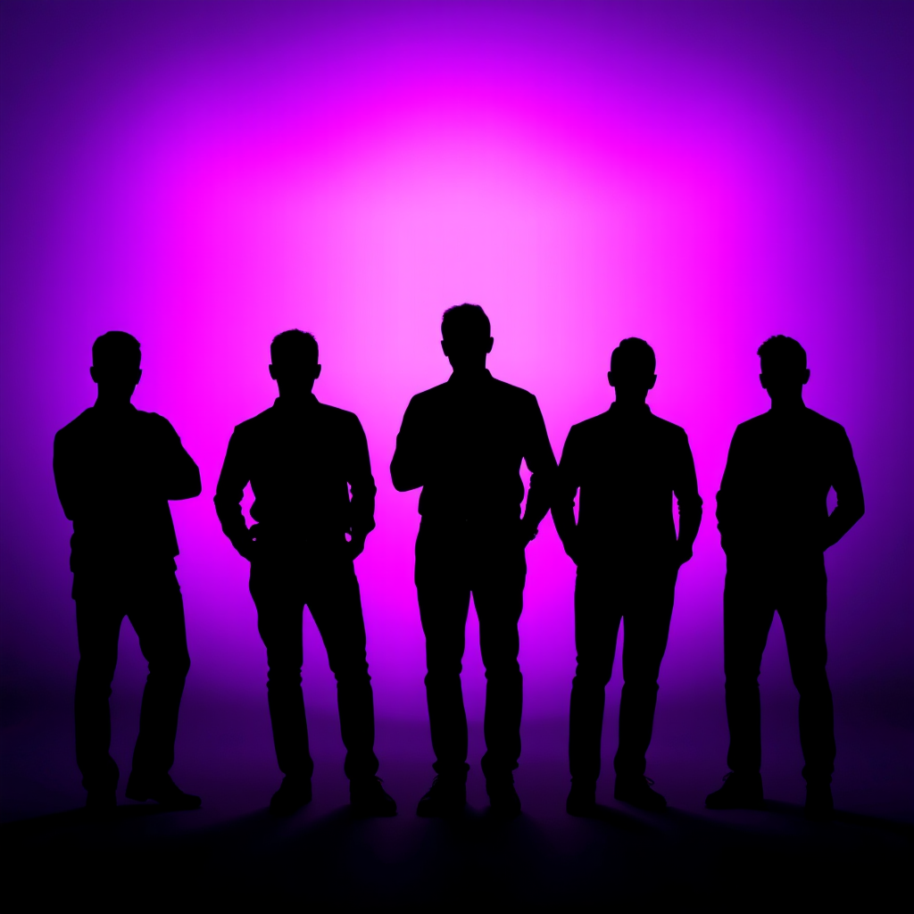 regenerate the image of five silhouettes of people standing against a purple background with gears, use a DSLR camera, aperture f/2.8, shutter speed 1/125s, ISO 100, 35mm lens, soft focus style