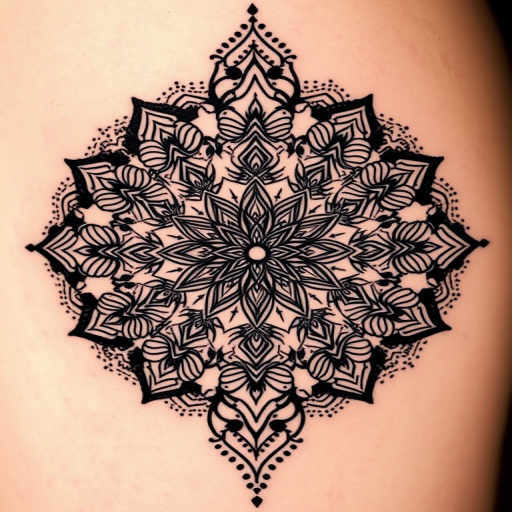 Dotwork mandala tattoo with intricate floral patterns and sacred geometry elements, gradually fading from solid black to delicate stippling for a mesmerizing optical illusion effect