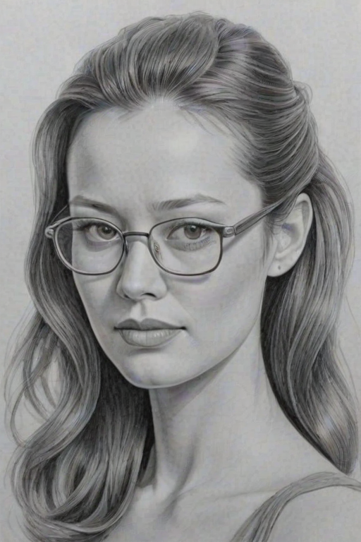 Fascinating Summer Glau, pencil sketch, portrait of Splendid woman 1946s in glasses, hair style beatnik, outline, clear lines, fine lines, 8k