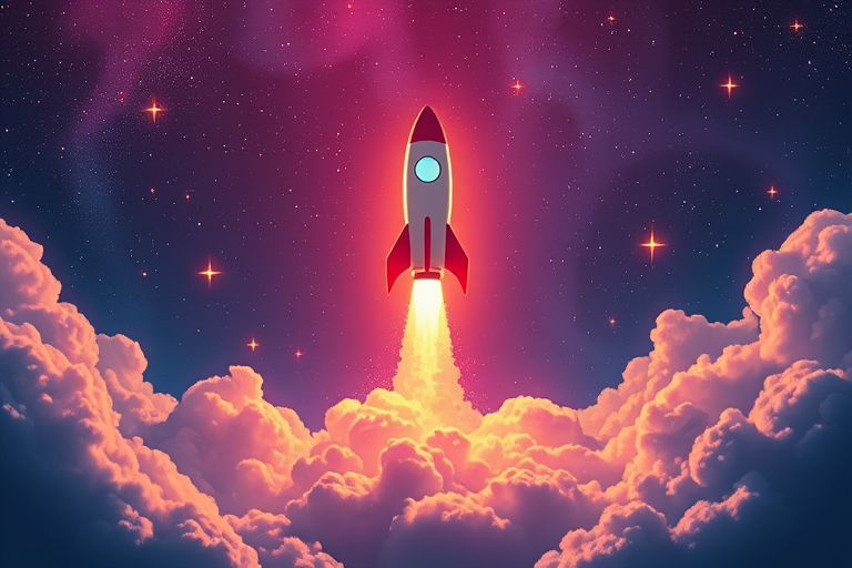 Create a vibrant illustration of a rocket launching into space, surrounded by clouds and stars, captured with a DSLR camera at f/8 aperture, ISO 200, 50mm focal length, in a wide-angle view with a cinematic style.