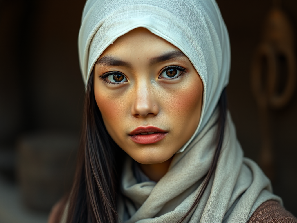 Create a portrait of a young Mongolian woman with long, dark hair and captivating hazel eyes. She is wearing a white headscarf and a matching scarf draped gracefully around her neck. The background is softly blurred, focusing attention on her serene and natural expression. The overall color palette is muted and warm, enhancing the intimate and authentic feel of the portrait.