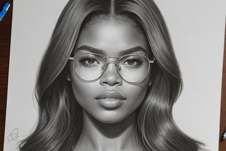 Sublime Ryan Destiny, pencil sketch, portrait of Stunning woman 1973s in glasses, hair style beatnik, outline, clear lines, fine lines, 8k