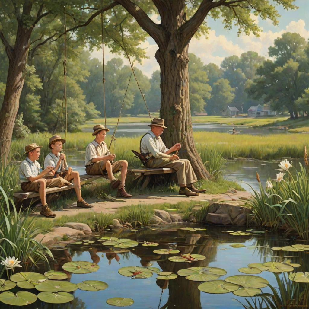Imagine a small group of old fashioned young boys out fishing by the creek, a swing hanging from a tree branch, reeds and grasses by the water's edge, a frog sitting on a lily pad, dragonflies hovering over som water plans, a very iconic old fashioned scene reminiscent of a Norman Rockwell painting style
