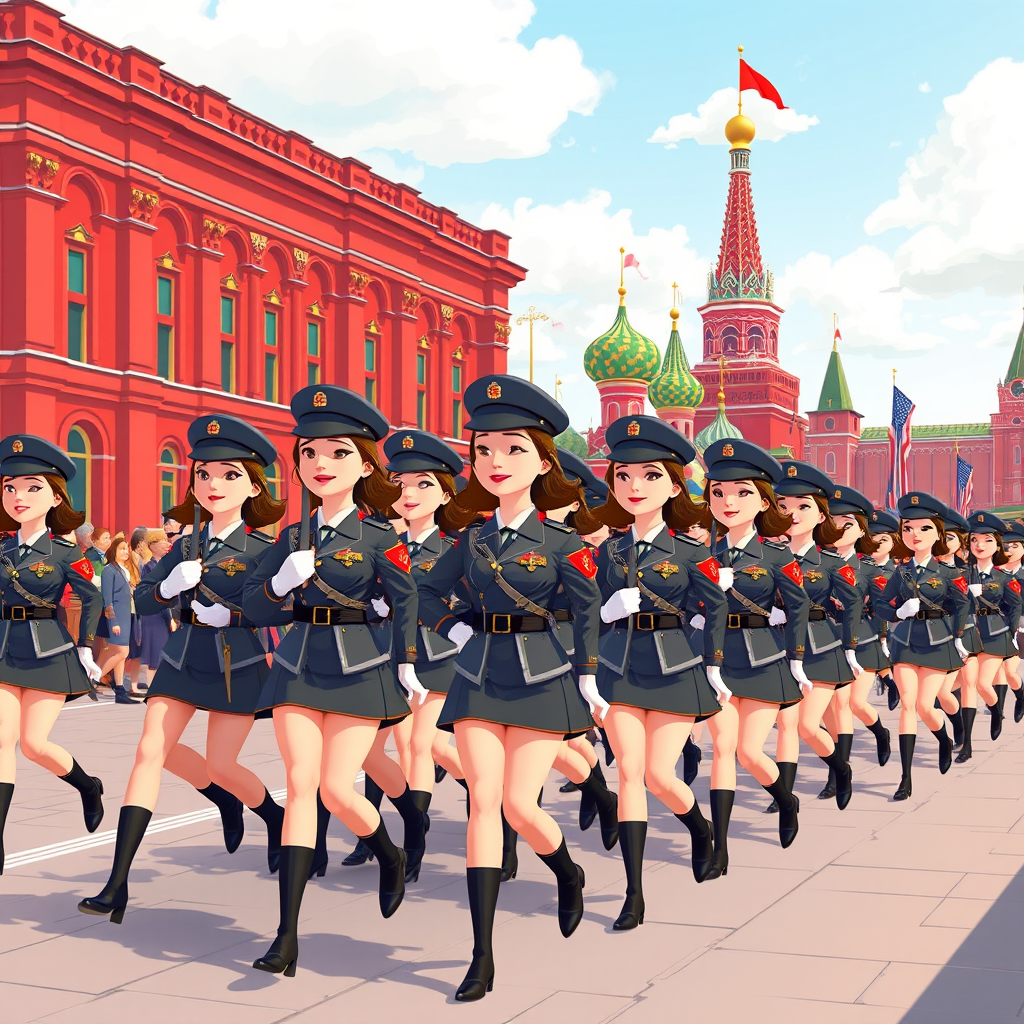 Cartoon 3D Military parade in Red Square in Moscow with military women wearing short skirts.