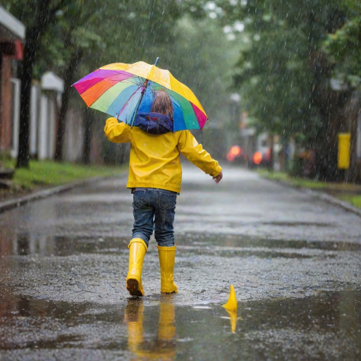 Blurry action shot of a young child splashing through puddles on a rainy day, with bright yellow rain boots and a colorful umbrella, soft raindrops visible in the air.