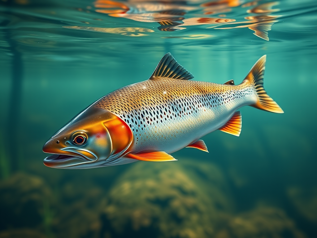 Create a high-resolution illustration of a trout swimming in clear water, using a Canon EOS 5D Mark IV with a 50mm f/1.8 lens, aperture set to f/8, ISO 100, and soft natural lighting to enhance colors and details.