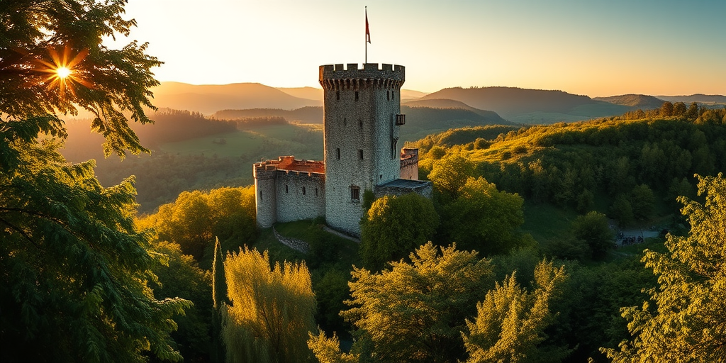 Generate an image of a medieval castle tower surrounded by lush green trees and rolling hills during golden hour with soft sunlight filtering through the foliage, using a DSLR camera with a 50mm lens, f/1.8 aperture, ISO 100, and a panoramic view for enhanced depth and detail.