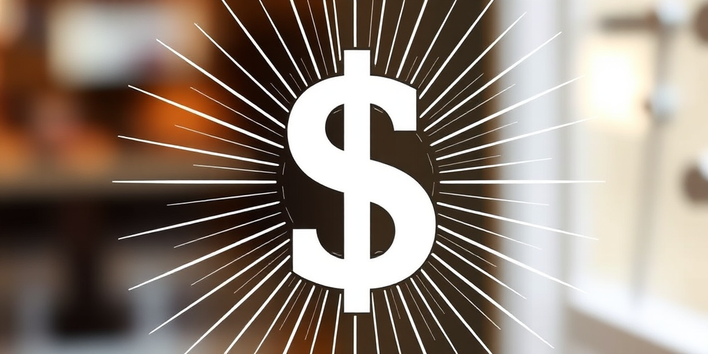 Create a high-quality illustration of a dollar sign surrounded by radiating lines, using a DSLR camera with a 50mm lens, aperture set to f/2.8, ISO 100, in natural light, with a slight bokeh effect in the background.