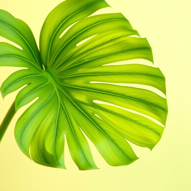 Create a high-resolution digital illustration of a Monstera leaf with vibrant green hues against a soft pastel yellow and mint green background, using a Canon EOS R5, 50mm lens, aperture f/2.8, and a shallow depth of field to enhance detail and color contrast.