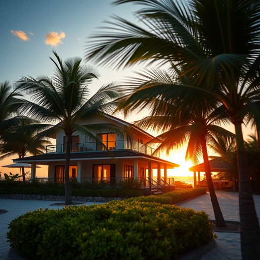 tropical beach villa at sunset, soft golden hour lighting, palm trees framing the scene, high dynamic range, 35mm lens, f/2.8 aperture, ISO 100, shallow depth of field, DSLR camera, vibrant colors and details