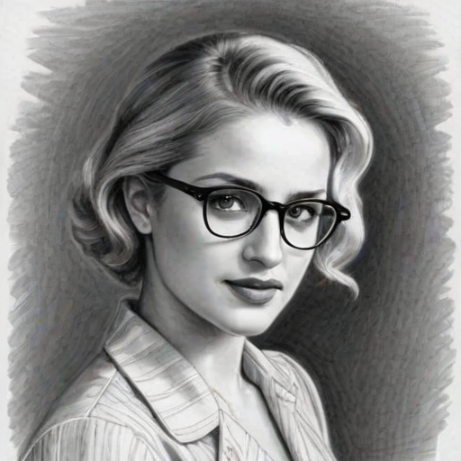Bewitching Diana Agron, pencil sketch, portrait of Appealing woman 1935s in glasses, hair style beatnik, outline, clear lines, fine lines, 8k