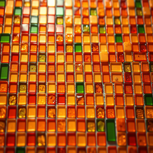 generate an abstract image of vibrant mosaic tiles in orange, gold, and green hues with a glossy finish, using a DSLR camera with a 50mm lens, aperture set to f/1.8, ISO 100, and a shallow depth of field for enhanced detail and texture.