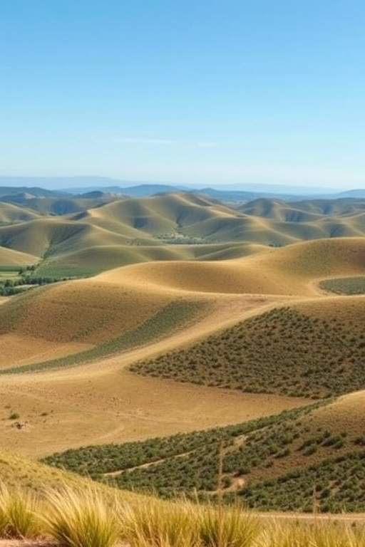 Generate a high-resolution image of a scenic landscape featuring rolling hills under a clear blue sky, captured with a Canon EOS R5 at f/8, ISO 100, 1/200s, using a wide-angle lens with a panoramic view.