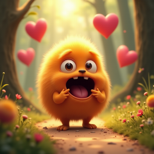 A fluffy orange creature with large eyes and a wide open mouth stands on a path in a whimsical forest, bright pink and red hearts float through the air, the creature has a surprised expression, the light is warm and soft, photorealistic, digital art, 3D style
