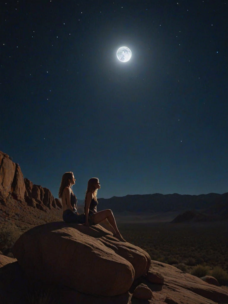 Desert landscape under a full moon, the stars twinkling brightly overhead, a woman sits on a rock, staring up at the vast night sky, her silhouette illuminated by the moonlight.