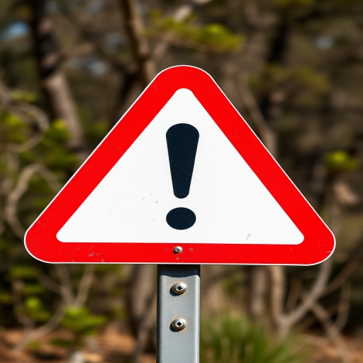 Create a high-resolution image of a triangular warning sign with a red border and a black exclamation mark in the center, using a DSLR camera, aperture set to f/8, ISO 100, shooting in landscape orientation, natural lighting for enhanced clarity and detail.