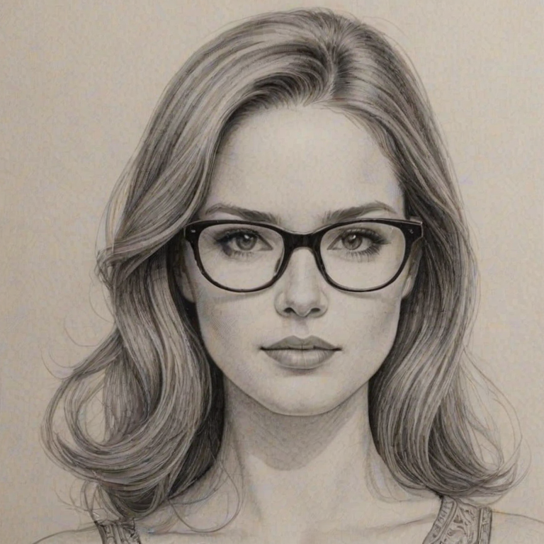 Superb Sarah Drew, pencil sketch, portrait of Enticing woman 1968s in glasses, hair style beatnik, outline, clear lines, fine lines, 8k