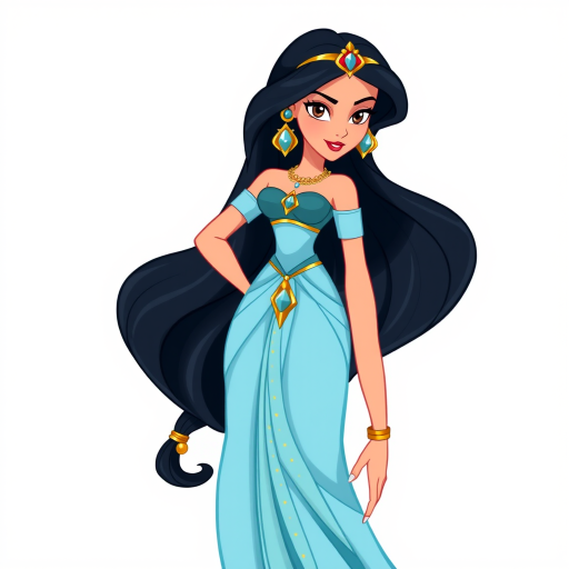 Create an illustration of an animated princess jasmine of aladdin with long dark hair, wearing a detailed flowing blue outfit and gold accessories. She stands confidently, exuding charm and grace.