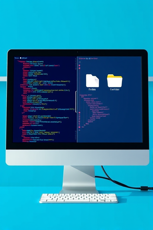 create an illustration of a computer monitor displaying lines of code on one side and file folders on the other, with a bright blue background, using a 50mm lens at f/2.8 for depth of field, ISO 100, and soft natural lighting, in a digital art style