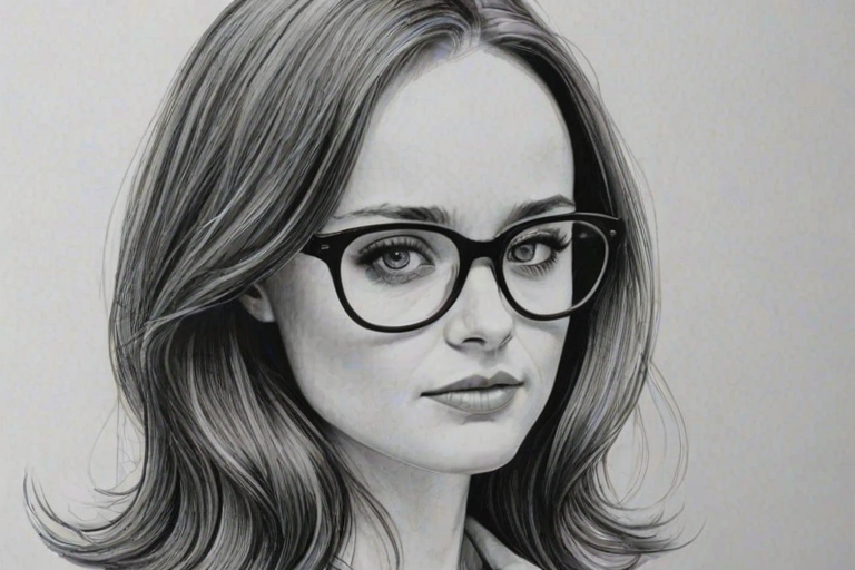 Wonderful Alexis Bledel, pencil sketch, portrait of Bewitching woman 1966s in glasses, hair style beatnik, outline, clear lines, fine lines, 8k