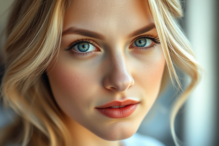 Portrait of a woman with blonde hair and blue eyes, soft natural lighting, shallow depth of field, 50mm lens, f/1.8 aperture, ISO 100, shot in RAW format, 85-degree angle, to enhance detail and clarity.