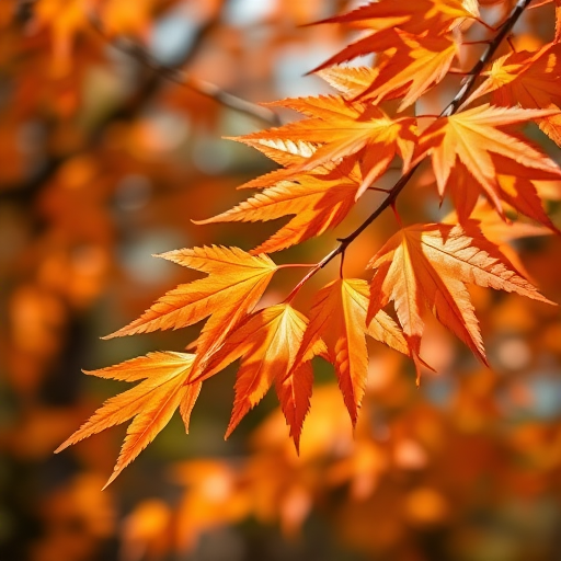 Regenerate the image of vibrant orange leaves with a soft blurred background using a Canon EOS R5, 85mm f/1.4 lens, aperture set to f/2.0, ISO 100, and a shutter speed of 1/200 sec, in natural light for enhanced color saturation.