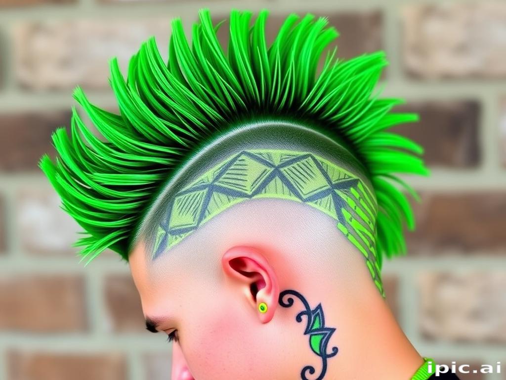 Emerald green mohawk with shaved sides adorned with intricate geometric patterns, dubbed "Neon Rebellion" style, incorporating vibrant lime green accents