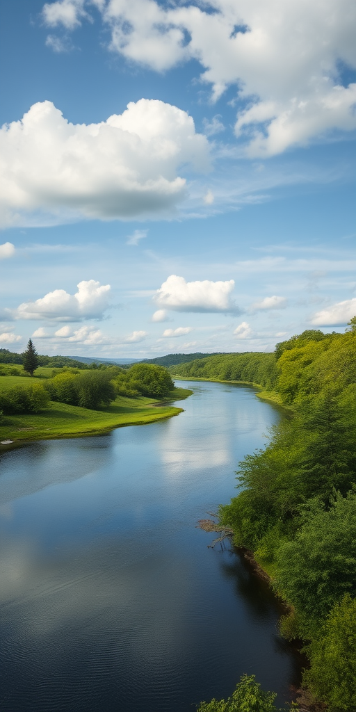 Landscape of a tranquil river surrounded by lush greenery and trees under a partly cloudy sky, captured with a Canon EOS 5D Mark IV, 24mm lens, f/8 aperture, 1/200 sec shutter speed, ISO 100, taken from a slightly elevated angle for depth.