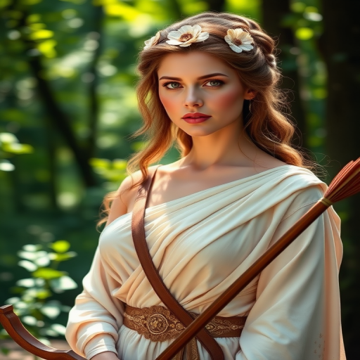 Create a portrait of a goddess-like female figure in a tranquil, forested environment. She has an elegant appearance with long, wavy hair styled in an updo and adorned with a delicate, floral headband. She wears a flowing, ancient Greek-inspired gown in a soft, pale color, featuring a one-shoulder design and draped fabric that accentuates her graceful form. The outfit includes a decorative belt with ornate gold detailing, and she holds a bow in her hand, with a quiver of arrows slung over her shoulder. The background depicts lush greenery, with sunlight filtering through the trees, casting a gentle, ethereal light on the scene. Her expression is calm and contemplative, embodying a sense of wisdom and serenity.