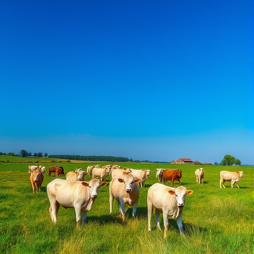 A picturesque rural landscape featuring a herd of white cows grazing in a lush green field under a clear blue sky, captured with a Canon EOS 5D Mark IV, 50mm lens, f/2.8 aperture, ISO 100, 1/500 shutter speed, with a shallow depth of field to enhance the foreground cows while softly blurring the background.