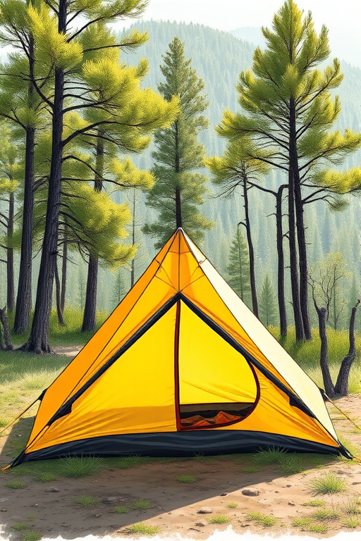 Create a detailed illustration of a yellow camping tent with a triangular shape, set against a natural outdoor background, captured with a DSLR camera at f/8 aperture, ISO 200, 24mm lens, using natural lighting for enhanced vibrancy and depth.