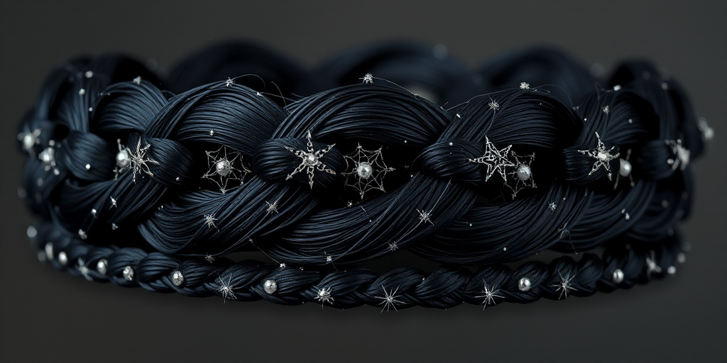 Raven black crown braid adorned with shimmering silver threads, the "Starry Night" design combines classic elegance with celestial inspiration