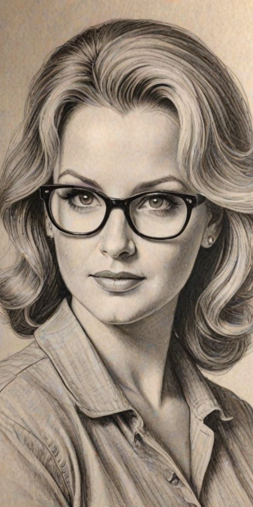 Dazzling Trisha Yearwood, pencil sketch, portrait of Superb woman 1946s in glasses, hair style beatnik, outline, clear lines, fine lines, 8k